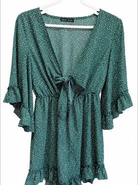 SHEIN Emerald Green Polka Dot Tie-Front Romper